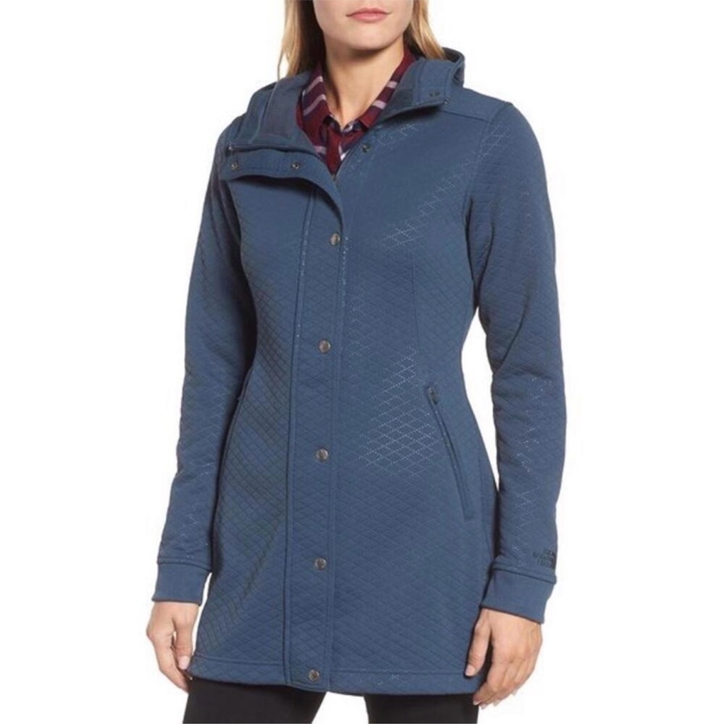 The North Face Caroluna Quilted Hooded Fleece Jacket Coat Blue Size L